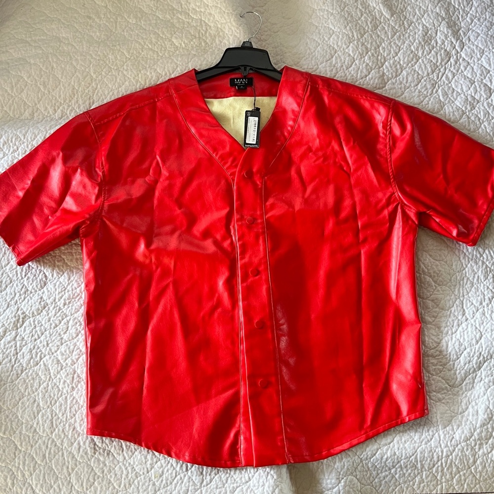 Boohoo PU OVERSIZED BASEBALL SHIRT Red Faux Leather Button-Up Shirt size XL